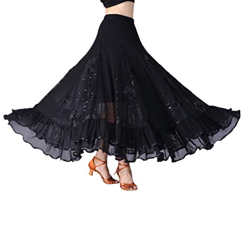 IPOTCH Falda Larga de Mujer Cintura Alata Elástica con Flores Bordadas Lentejuelas Traje para Baile Fiesta Cóctel - Negro, como se describe