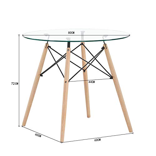 IPOTIUS Mesa de Comedor Redonda de Cristal Mesa de Cocina Café Moderna Nórdica,Patas de Madera, 80X75cm