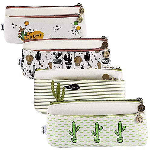 Ipow[4 PCS] Estuches escolar cactus, Estuches escolares dos cremalleras para oficina, estudiante, escuela, suministros para niños, niñas, bolígrafo