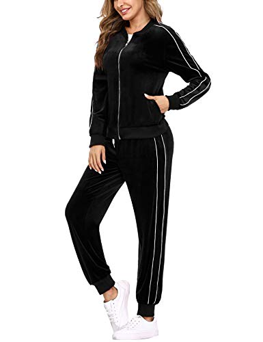 Irevial Conjunto de Chándal para Mujer de algodón, Cómodo Terciopelo Trajes de Manga Larga Chaquetas Deportivas con Cremallera Completa y Pantalones de Cintura Alta, Pijamas Set 2 Piezas