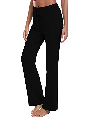 Irevial Pantalones de Yoga para Mujer Modal,100% Algodon,Alta Cintura Elásticos pantalón de Campana con cordón, Casuales Chandal Deportivo para Pilates Jogger Fitness，Negro