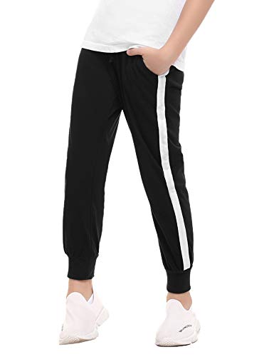 Irevial Pantalones niños de 100% algodón, Pantalones de Chándal para Niños de Cintura elástica con cordón,Pantalón Largo Deportivo con Bolsillos, para Cole/Correr/en casa,Negro,10 años