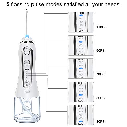 Irrigador Bucal Portátil con 6 Boquillas, Multifuncional 300ml Irrigador Dental, Profesional IPX7 Impermeable Limpieza de Dientes de Ortodoncia y Dientes de Implante, Lavado Pulsado de Dientes