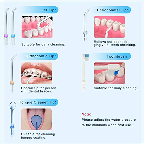 Irrigador Bucal Portátil con 6 Boquillas, Multifuncional 300ml Irrigador Dental, Profesional IPX7 Impermeable Limpieza de Dientes de Ortodoncia y Dientes de Implante, Lavado Pulsado de Dientes