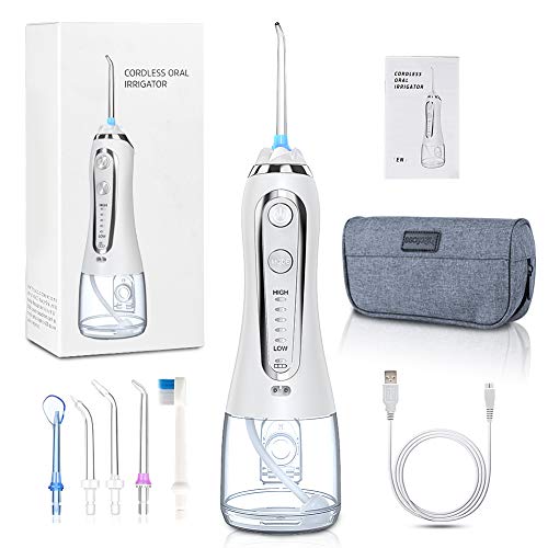 Irrigador Bucal Portátil con 6 Boquillas, Multifuncional 300ml Irrigador Dental, Profesional IPX7 Impermeable Limpieza de Dientes de Ortodoncia y Dientes de Implante, Lavado Pulsado de Dientes