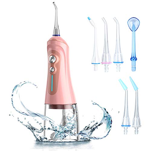 Irrigador Bucal Portátil Profesional con 6 Boquillas 6 Modos, Recargable Irrigadores Dentales 320ML IPX7 para Placa dental,Dientes de Implante,Dientes de Ortodoncia, Limpieza en Casa/Viaje