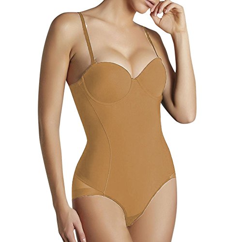 Isabel Mora - 19625 Body con Aros Push up Reductor Tejido Invisible. Reduce hasta 2 Tallas Abdomen y Caderas, Vientre Plano, realza el Pecho Efecto Tanga.Copa B Color: Vison Talla: 90