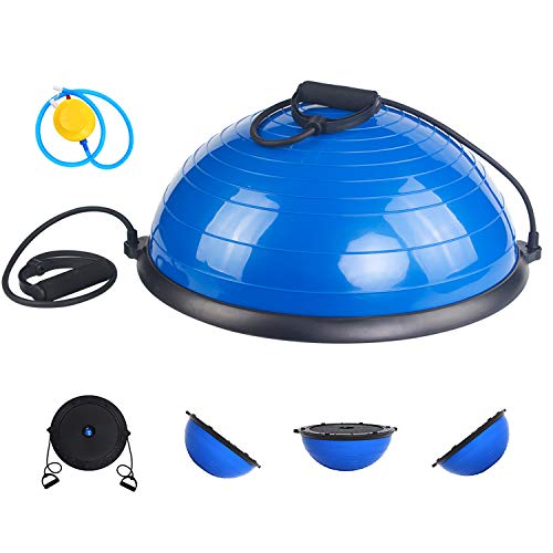 ISE Balance Trainer Fitball Bola de Equilibrio para Entrenamiento, ym Media Bola Ø 58cm, Pelota Balón Semiesfera de Gimnasia Pilates con Cables y Inflador para Yoga y Fitness, Azul SY-BAS1001