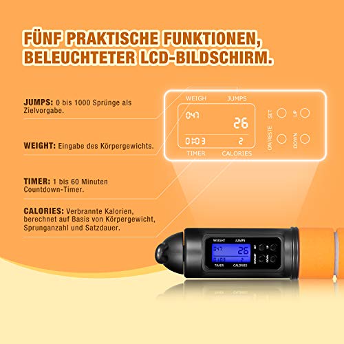 ISILER - Comba digital con contador de calorías, longitud ajustable, cuerda de acero con revestimiento de PVC, rodamiento de bolas y asas antideslizantes, con bolsa de transporte para niños y adultos