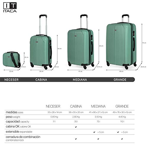 ITACA - Juego Maletas de Viaje 4 Ruedas Trolley abs. Extensibles rígidas s y Ligeras. Mango Asas candado. pequeña Cabina Low Cost, Mediana y Grande. t71500, Color Verde Menta