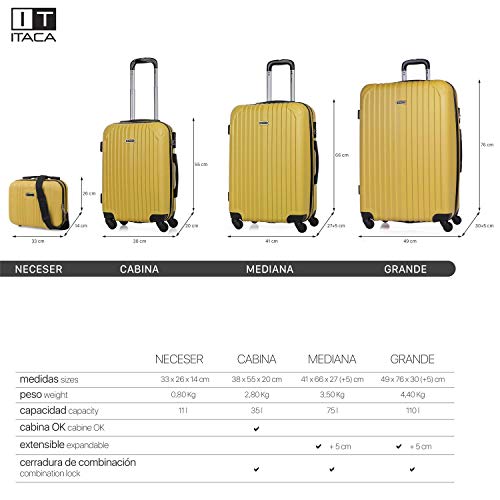 ITACA - Maleta de Viaje Grande XL rígida 4 Ruedas Trolley 76 cm de abs. Dura Extensible y Ligera. Gran Capacidad. Estudiante y Profesional. candado Integrado. t71570, Color Mostaza