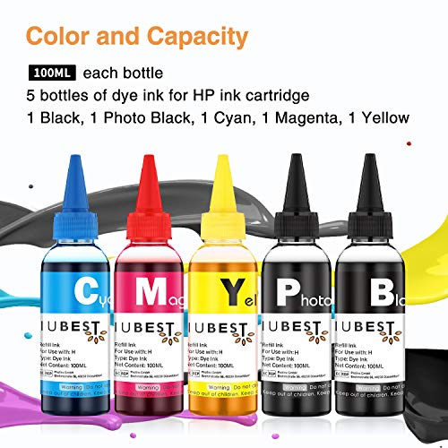 IUBEST Kit de Recarga Tinta 100 ml Cada Botella para HP Impresoras Cartuchos de Tinta Recargables y Sistemas CISS (1 Negro, 1 Foto Negro, 1 Cian, 1 Magenta, 1 Amarillo)