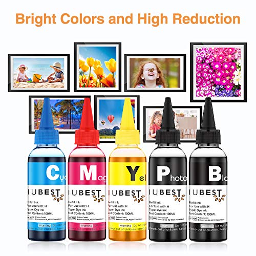 IUBEST Kit de Recarga Tinta 100 ml Cada Botella para HP Impresoras Cartuchos de Tinta Recargables y Sistemas CISS (1 Negro, 1 Foto Negro, 1 Cian, 1 Magenta, 1 Amarillo)