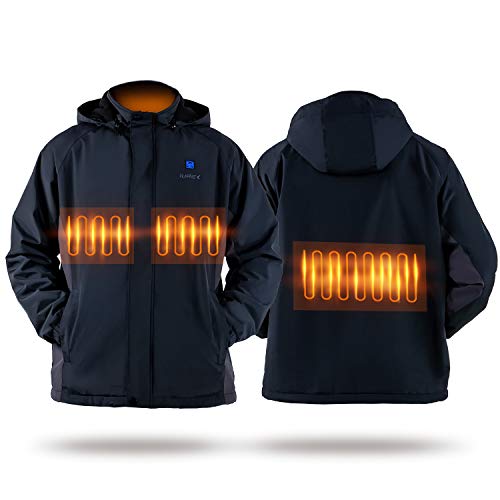 IUREK Chaqueta Calefactable Hombre y Mujer ZD960, Chaqueta Deportiva Térmica Impermeable con Capucha, Abrigo de Calefacción de 3 Zonas con Powerbank 10000 mAh, 3 Temperaturas para Invierno