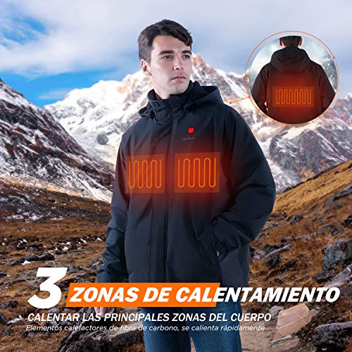 IUREK Chaqueta Calefactable Hombre ZD961, Chaqueta Deportiva Térmica Impermeable con Capucha, Abrigo de Calefacción de 3 Zonas con Powerbank 10000 mAh, 3 Temperaturas para Invierno Outdoor