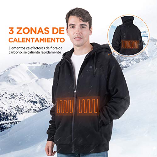 IUREK Sudadera Calefactable ZD940, Sudadera con Capucha Térmica Lavable para Hombre y Mujer, Chaqueta con Powerbank 10000 mAh, 3 Temperaturas, 3 Zonas de Calefacción para Trabajo y Deporte en Invierno