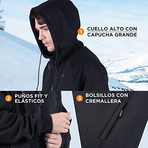 IUREK Sudadera Calefactable ZD940, Sudadera con Capucha Térmica Lavable para Hombre y Mujer, Chaqueta con Powerbank 10000 mAh, 3 Temperaturas, 3 Zonas de Calefacción para Trabajo y Deporte en Invierno