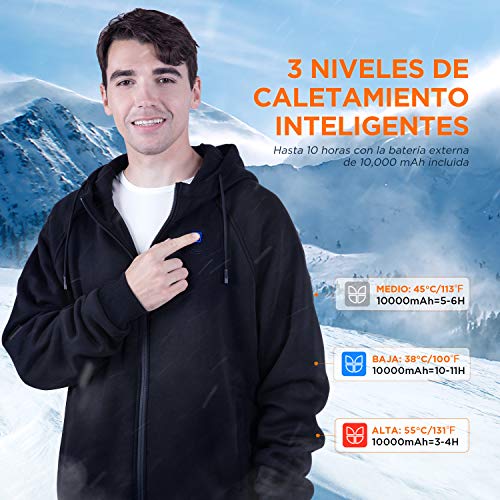 IUREK Sudadera Calefactable ZD940, Sudadera con Capucha Térmica Lavable para Hombre y Mujer, Chaqueta con Powerbank 10000 mAh, 3 Temperaturas, 3 Zonas de Calefacción para Trabajo y Deporte en Invierno