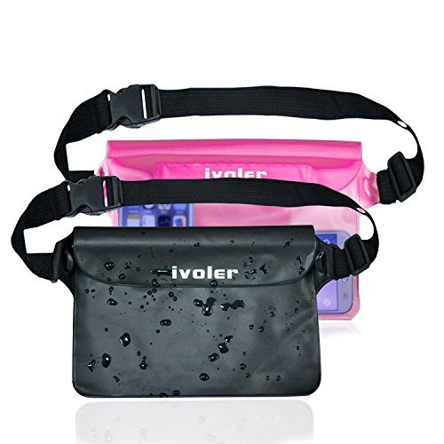 ivoler [2 Unidades Riñonera Impermeable Universal con Correa de Cintura, Bolsa Estanca para Playa, Floating, Rafting, Kayak, Senderismo, Pesca, Escalada, Camping, etc. (Negro+Rosa)