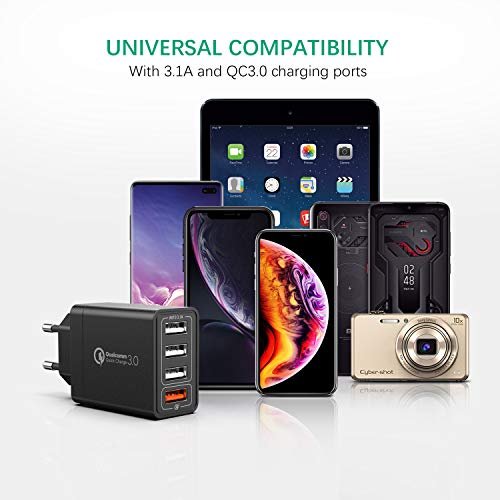 IWAVION Cargador USB,Quick Charge 3.0 30w Cargador USB de Pared con 4 Puertos de Cargador Móvil Rápido de Pared para iPhone Xr/Xs/X/8Plus/ 8, iPad, Samsung Galaxy S10/S9/S8+/Note 8/Huawei/HTC/LG Negro