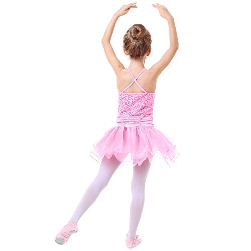IWEMEK Maillot Vestido de Ballet de Niña de Fiestas Leotardo Tutú Algodón con Lentejuelas Brillantes Ropa de Baile de Gimnasia Infantil Cumpleaños Disfraces Princesa Danza Vestidos Rosa 3-4 Años