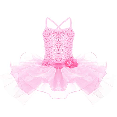 IWEMEK Maillot Vestido de Ballet de Niña de Fiestas Leotardo Tutú Algodón con Lentejuelas Brillantes Ropa de Baile de Gimnasia Infantil Cumpleaños Disfraces Princesa Danza Vestidos Rosa 6-7 Años