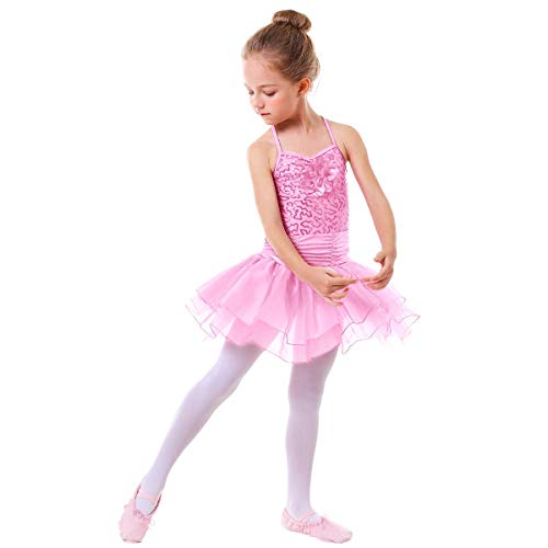 IWEMEK Maillot Vestido de Ballet de Niña de Fiestas Leotardo Tutú Algodón con Lentejuelas Brillantes Ropa de Baile de Gimnasia Infantil Cumpleaños Disfraces Princesa Danza Vestidos Rosa 6-7 Años