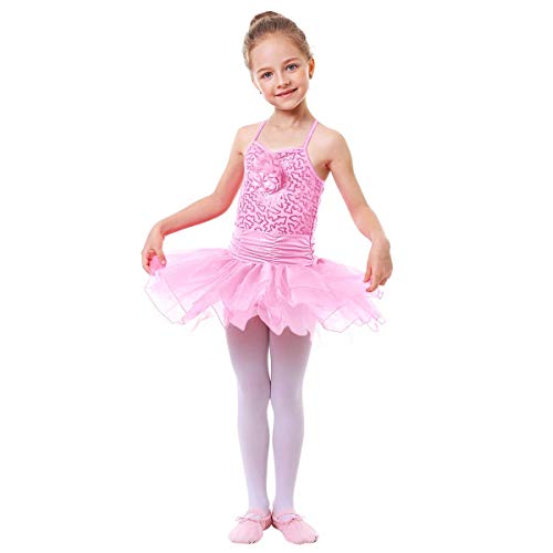 IWEMEK Maillot Vestido de Ballet de Niña de Fiestas Leotardo Tutú Algodón con Lentejuelas Brillantes Ropa de Baile de Gimnasia Infantil Cumpleaños Disfraces Princesa Danza Vestidos Rosa 6-7 Años