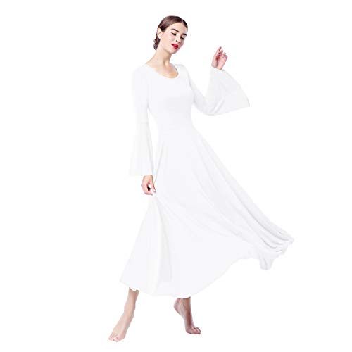 IWEMEK Mujer Vestido de Praise adoración Danza Vestido de Alabanza Iglesia Litúrgico Disfraces de Baile para Adultos Manga de Campana Color Sólido Suelto Vestido de Fiesta Blanco L