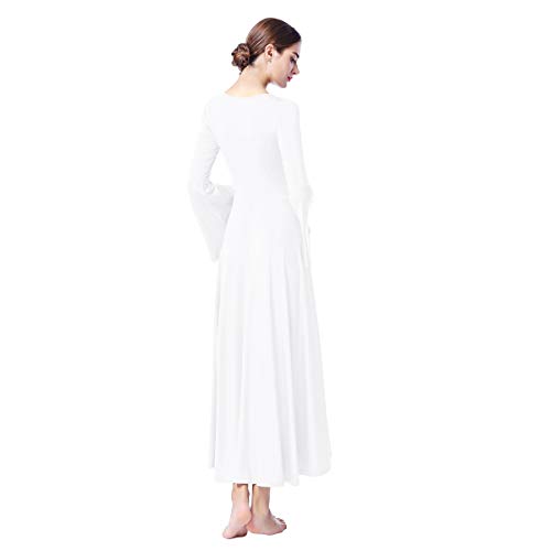 IWEMEK Mujer Vestido de Praise adoración Danza Vestido de Alabanza Iglesia Litúrgico Disfraces de Baile para Adultos Manga de Campana Color Sólido Suelto Vestido de Fiesta Blanco L