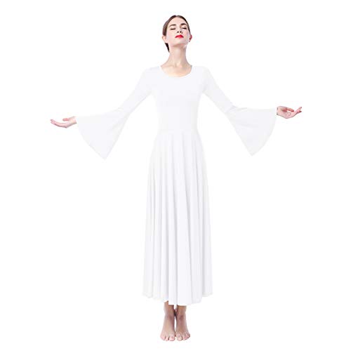 IWEMEK Mujer Vestido de Praise adoración Danza Vestido de Alabanza Iglesia Litúrgico Disfraces de Baile para Adultos Manga de Campana Color Sólido Suelto Vestido de Fiesta Blanco L