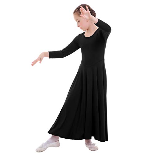 IWEMEK Niñas Vestido adoración Danza Vestido de Alabanza Iglesia Litúrgico Disfraces de Baile para Chicas Manga Larga Color Sólido Flamenco Maillot Vestido de Fiesta Negro 3-4 años