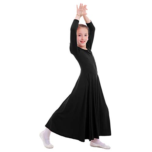 IWEMEK Niñas Vestido adoración Danza Vestido de Alabanza Iglesia Litúrgico Disfraces de Baile para Chicas Manga Larga Color Sólido Flamenco Maillot Vestido de Fiesta Negro 3-4 años