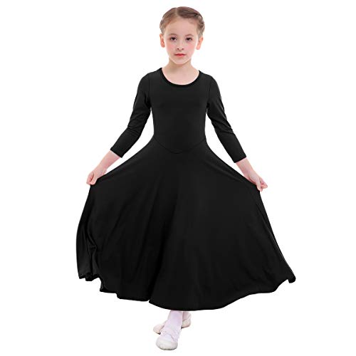 IWEMEK Niñas Vestido adoración Danza Vestido de Alabanza Iglesia Litúrgico Disfraces de Baile para Chicas Manga Larga Color Sólido Flamenco Maillot Vestido de Fiesta Negro 3-4 años