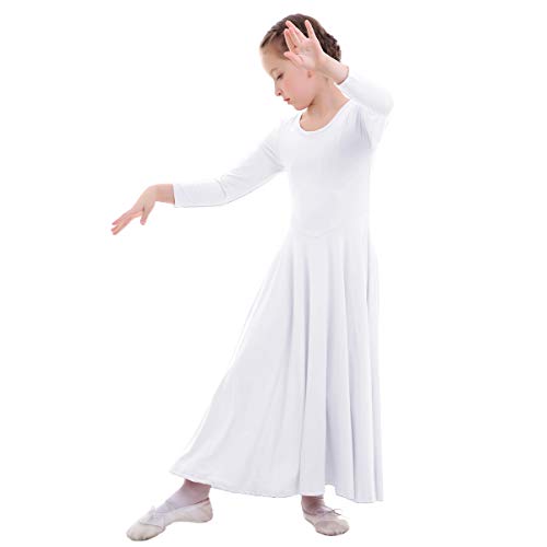 IWEMEK Niñas Vestido adoración Danza Vestido de Alabanza Iglesia Litúrgico Disfraces de Baile para Chicas Manga Larga Color Sólido Flamenco Maillot Vestido de Fiesta Blanco 13-14 años