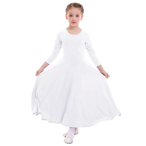 IWEMEK Niñas Vestido adoración Danza Vestido de Alabanza Iglesia Litúrgico Disfraces de Baile para Chicas Manga Larga Color Sólido Flamenco Maillot Vestido de Fiesta Blanco 13-14 años