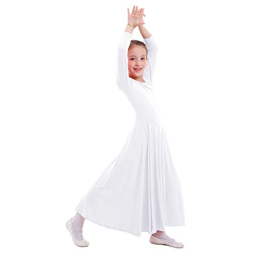 IWEMEK Niñas Vestido adoración Danza Vestido de Alabanza Iglesia Litúrgico Disfraces de Baile para Chicas Manga Larga Color Sólido Flamenco Maillot Vestido de Fiesta Blanco 13-14 años