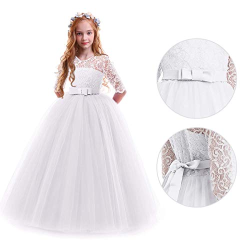 IWEMEK Vestidos de Princesa Fiesta de la Boda de Las Niñas 3/4 Largo Manga Tul Vestidos de Dama De Honor Fiesta Graduación Comunión Cumpleaños Paseo Baile Cóctel Vestido de Novia 13-14 Años