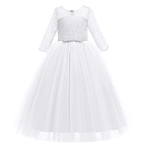 IWEMEK Vestidos de Princesa Fiesta de la Boda de Las Niñas 3/4 Largo Manga Tul Vestidos de Dama De Honor Fiesta Graduación Comunión Cumpleaños Paseo Baile Cóctel Vestido de Novia 7-8 Años