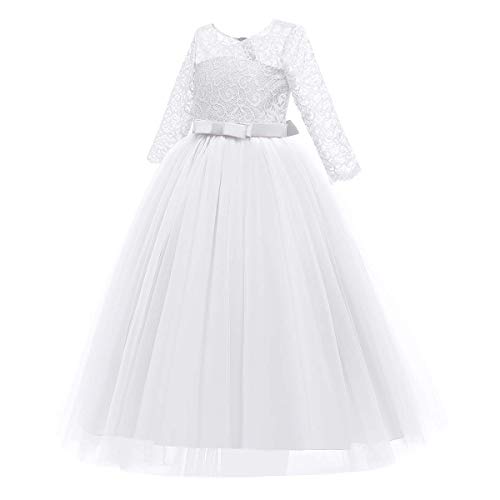 IWEMEK Vestidos de Princesa Fiesta de la Boda de Las Niñas 3/4 Largo Manga Tul Vestidos de Dama De Honor Fiesta Graduación Comunión Cumpleaños Paseo Baile Cóctel Vestido de Novia 13-14 Años