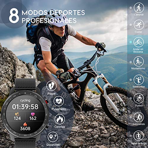 IYAQILEHE Smartwatch, Reloj Inteligente IP67 Pantalla Táctil Completa Pulsómetro Presión Arterial Monitor de Sueño 8 Modos Deportes Pulsera Actividad para Hombre Mujer Compatible con iOS y Android