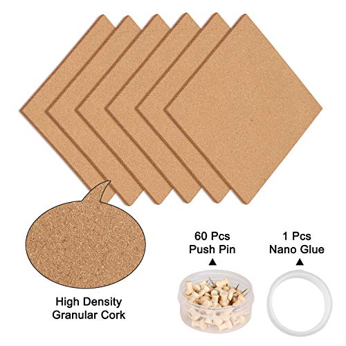 IZSUZEE Corcho Pared Autoadhesivo, Corchos Para Pared Cuadrado 6 pcs, con 60 Chinchetas Para Corcho, 1 Pegamento, Decoracion Habitacion, Utilizada Para la Decoracion Pared de la Oficina del Dormitorio