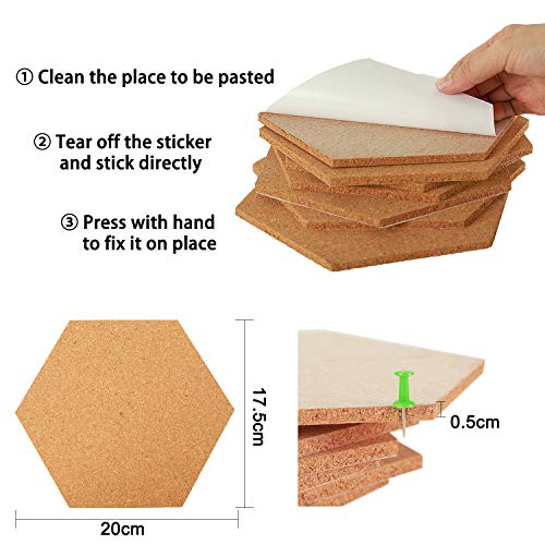 IZSUZEE Corcho Pared Autoadhesivo,Pizarra Corcho Hexagonal 7pcs,Tablero Madera con 40 Chinchetas,1×Pegamento, 1xBloc de Notas A6,Utilizado Para la Decoración de la Pared de la Oficina del Dormitorio