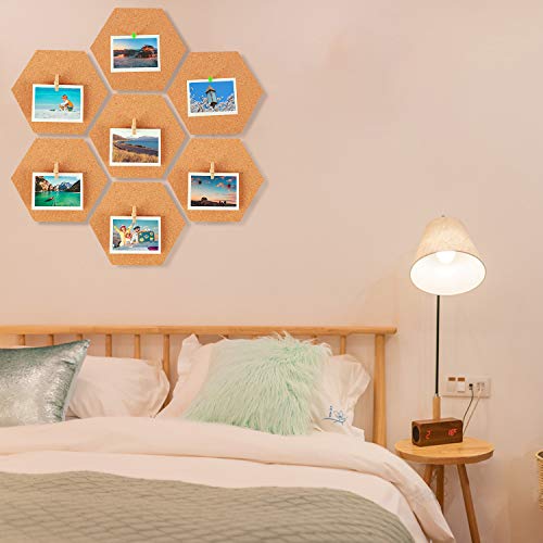 IZSUZEE Corcho Pared Autoadhesivo,Pizarra Corcho Hexagonal 7pcs,Tablero Madera con 40 Chinchetas,1×Pegamento, 1xBloc de Notas A6,Utilizado Para la Decoración de la Pared de la Oficina del Dormitorio