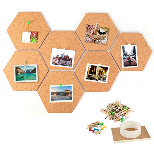 IZSUZEE Corcho Pared Autoadhesivo,Pizarra Corcho Hexagonal 7pcs,Tablero Madera con 40 Chinchetas,1×Pegamento, 1xBloc de Notas A6,Utilizado Para la Decoración de la Pared de la Oficina del Dormitorio