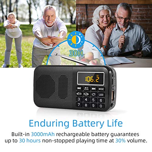 J-725C Radio FM portátil pequeña, radio de batería recargable digital con reloj despertador, linterna LED, tiempo de reproducción ultralargo, reproductor de MP3 AUX Micro-SD Pendrive, de PRUNUS(Negra)