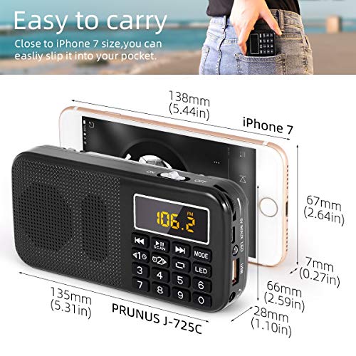 J-725C Radio FM portátil pequeña, radio de batería recargable digital con reloj despertador, linterna LED, tiempo de reproducción ultralargo, reproductor de MP3 AUX Micro-SD Pendrive, de PRUNUS(Negra)