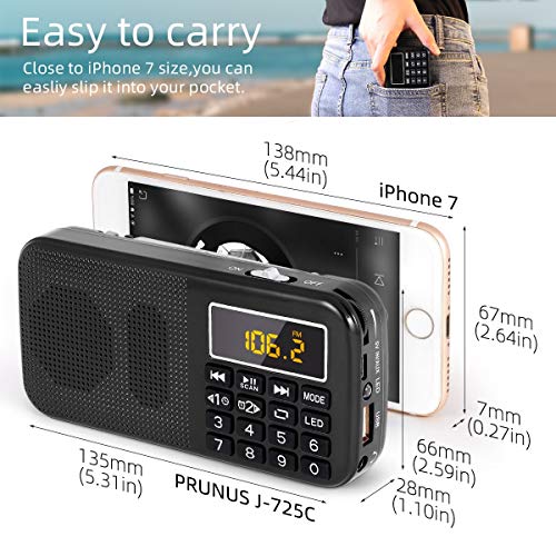 J-725C Radio FM portátil pequeña, radio de batería recargable digital con reloj despertador, linterna LED, tiempo de reproducción ultralargo, reproductor de MP3 AUX Micro-SD Pendrive, de PRUNUS(Negra) J-725C Radio FM portátil pequeña, radio de batería recargable digital con reloj despertador, linterna LED, tiempo de reproducción ultralargo, reproductor de MP3 AUX Micro-SD Pendrive, de PRUNUS(Negra)