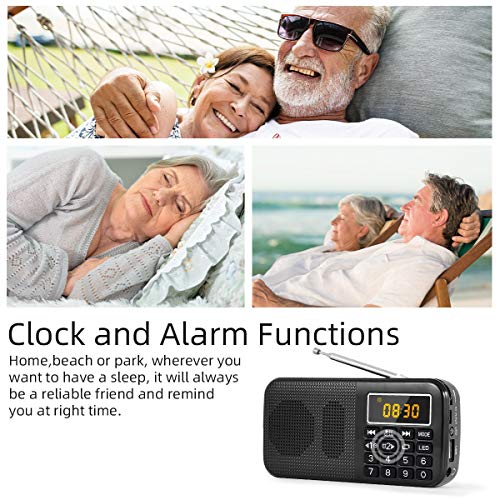 J-725C Radio FM portátil pequeña, radio de batería recargable digital con reloj despertador, linterna LED, tiempo de reproducción ultralargo, reproductor de MP3 AUX Micro-SD Pendrive, de PRUNUS(Negra)