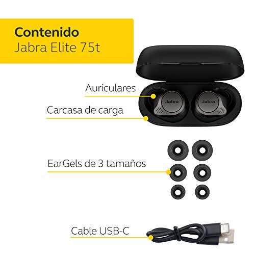 Jabra Elite 75t - Auriculares Bluetooth con Cancelación Activa de Ruido y batería de larga duración, Llamadas y música verdaderamente inalámbricas - Negro Titanio